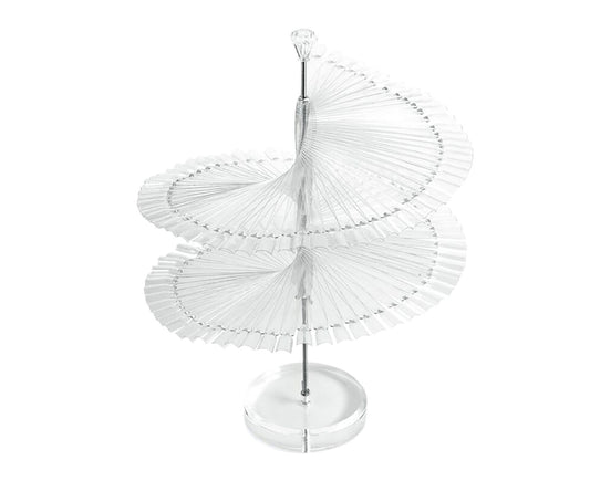 Transparent nail polish swatch display stand with fan-shaped clear arms and round base