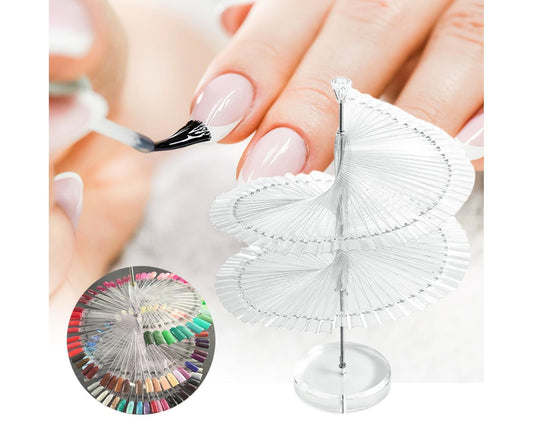 Transparent nail polish swatch display stand with clear fan arms and round base