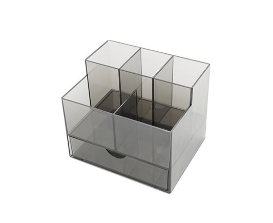Large makeup organizer drawer with clear plastic compartments and front drawer handle