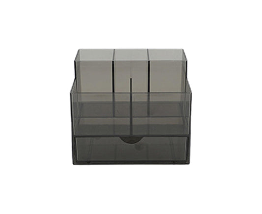 Makeup organizer drawer with stacked clear compartments and front pull handle