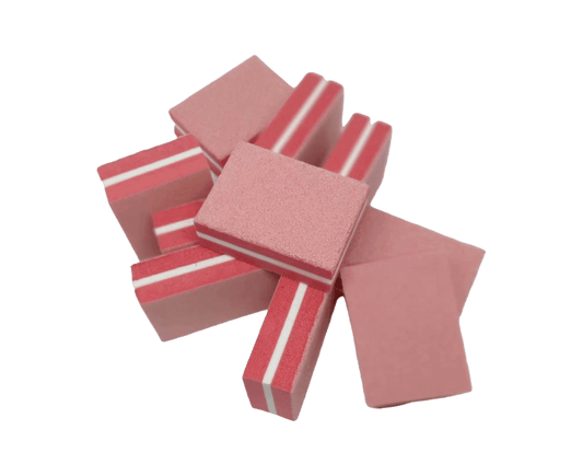 Mini nail file buffer blocks, dark pink foam with red and white striped bands