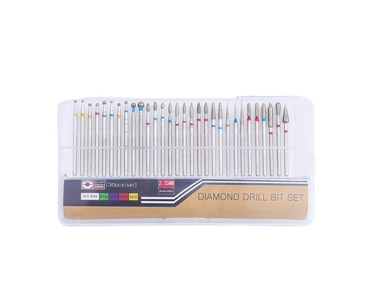 Nail drill bit set in clear case, assorted silver bits with red/blue rings
