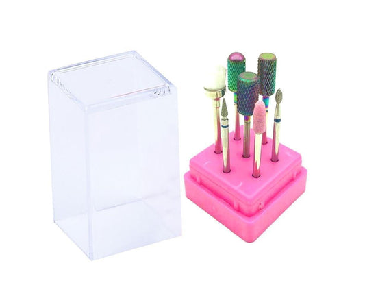 Nail drill bit set with 7 tungsten steel ceramic removal tips on a pink stand