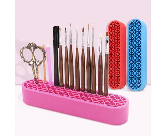 Pink silicone brush holder with compartments for nail art brushes and pens