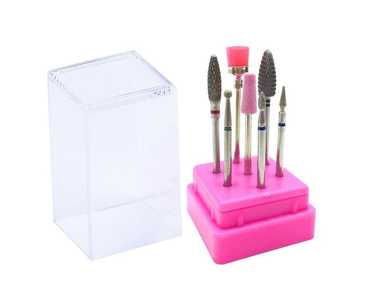Nail drill bit set with ceramic heads on pink holder and clear storage box