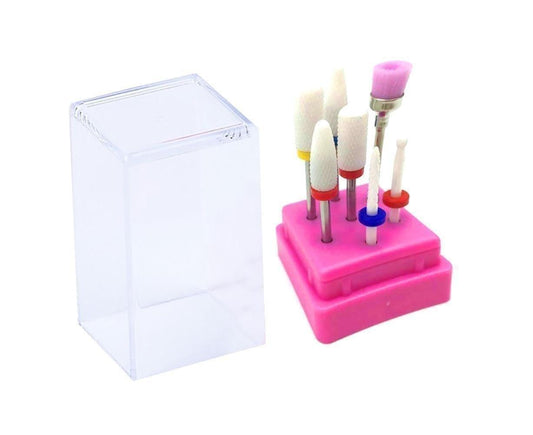 Ceramic nail drill bit set on pink holder with multiple bits and clear storage box