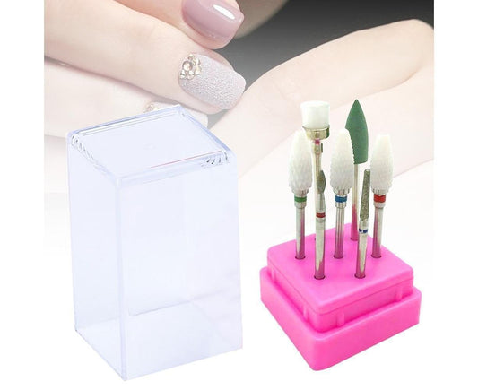 Ceramic nail drill bit set on pink holder with assorted colored tips and clear storage box