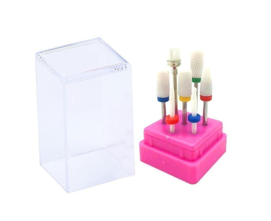 Nail drill bits set with mixed ceramic and carbide heads on pink holder