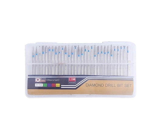 Diamond drill nail bit set in clear plastic case, 30-piece assortment of tungsten steel bits