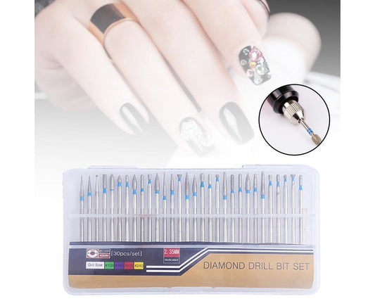 Diamond drill nail bit set with bits and case; silver tips with colored accent bands