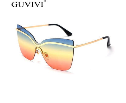 One Piece Cat Eye Sunglasses Fashion Brand Designer Oversize Gradient Eyeglasses Rimless Blue Pink Shades