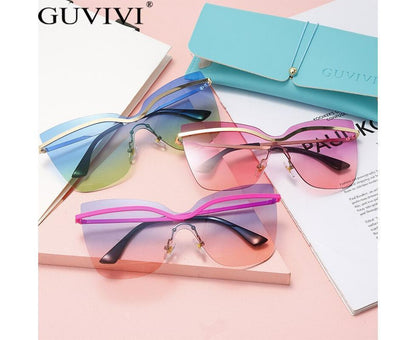 One Piece Cat Eye Sunglasses Fashion Brand Designer Oversize Gradient Eyeglasses Rimless Blue Pink Shades
