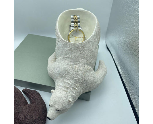 Polar bear-shaped fabric decorative holder with watch inside