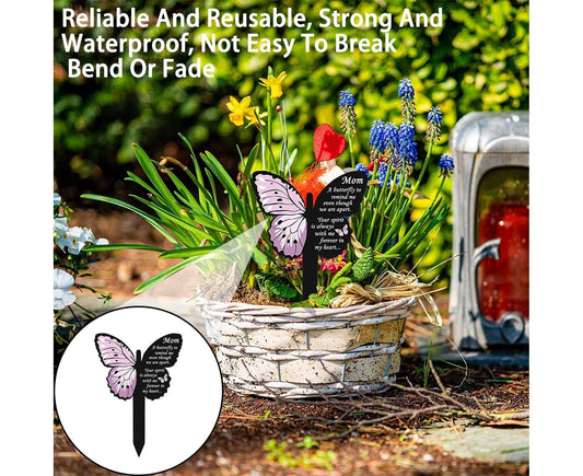 Butterfly memorial stake with pink butterfly graphic and black insert