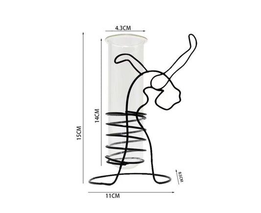 Glass planter vase with black wire spring holder and cat outline, full height