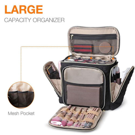 Large travel toiletry bag open to show mesh pocket and multiple compartments with zippers