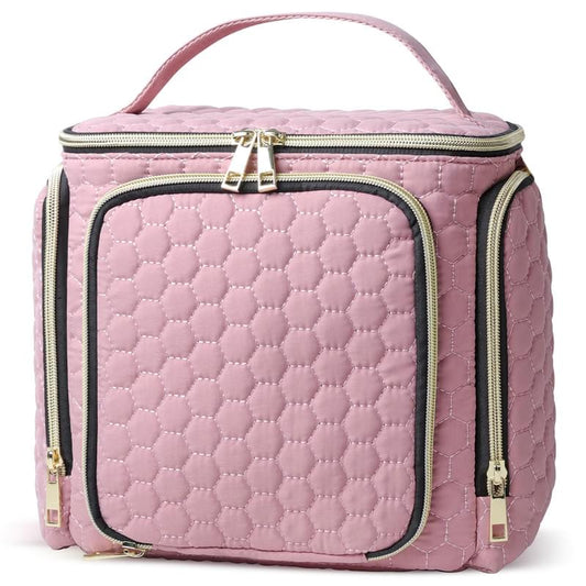 Pink quilted makeup toiletry bag with top handle and front zip pockets