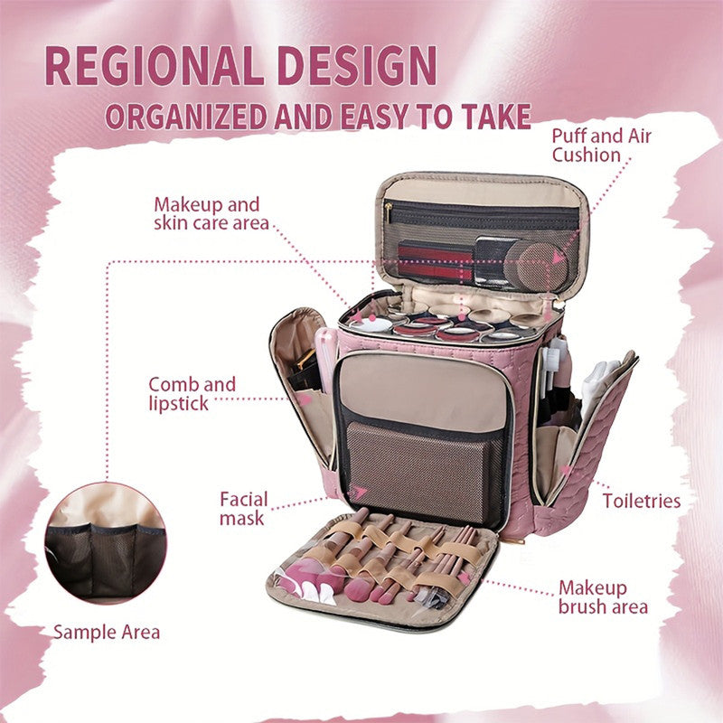 Travel Makeup Bag with Handle — Large Multi-Compartment Cosmetic Organizer, Portable Toiletry Bag for Women