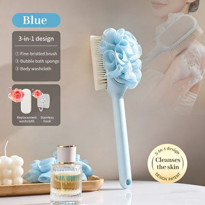3-in-1 Multi-Functional Long-Handled Bath Brush, Combining Bath Sponge, Soft-Bristle Brush, and Washcloth in One, Home Exfoliating Bath Brush, Back Scrubber - Blue