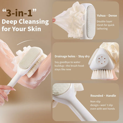 3-in-1 Multi-Functional Long-Handled Bath Brush, Combining Bath Sponge, Soft-Bristle Brush, and Washcloth in One, Home Exfoliating Bath Brush, Back Scrubber - Blue