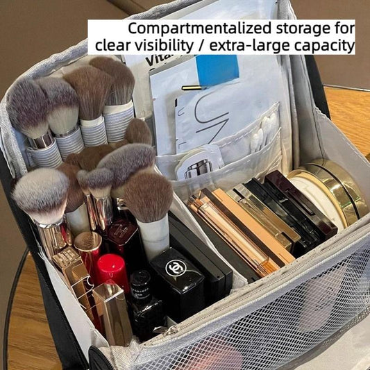 Toiletry bag with clear mesh panels holding makeup brushes, cosmetics, and bottles, beige exterior