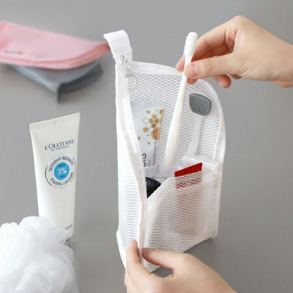 EVA Mesh Travel Toothbrush Organizer, Portable Toiletry Pouch, Multifunctional Organizer for Toothpaste, Eyebrow Pencils, and Lipstick - White