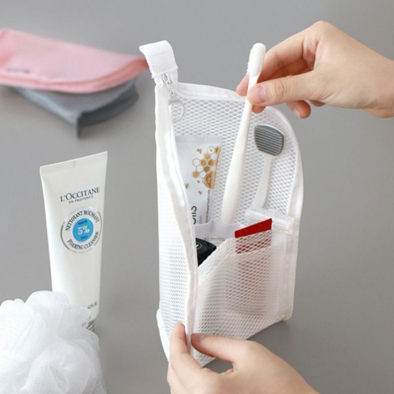 EVA Mesh Travel Toothbrush Organizer, Portable Toiletry Pouch, Multifunctional Organizer for Toothpaste, Eyebrow Pencils, and Lipstick - Pink
