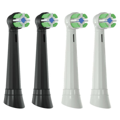 Replacement brush heads for rotary electric toothbrushes. Compatible with Oral-B's IO series (not genuine). High-density, rounded soft bristles. Pack of 4 (2 black, 2 white)