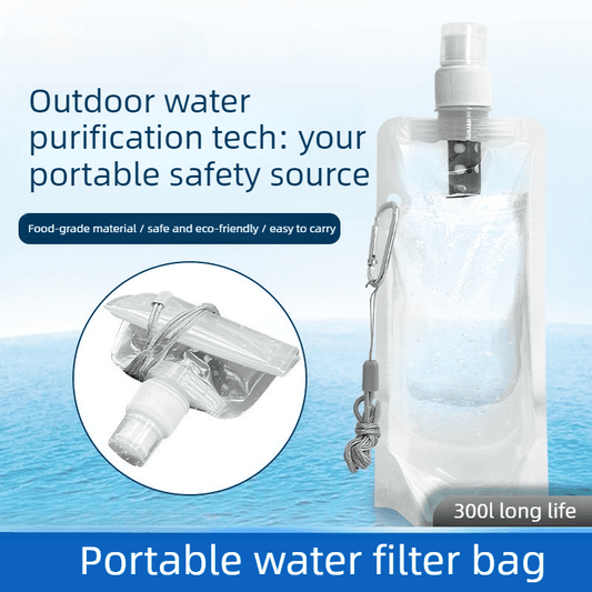 Portable water filter bag with cap and inline clamp filter, shown in use