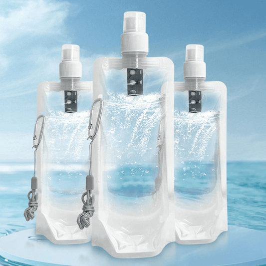 Set of portable water filter bags with caps, clear pouches for outdoor use