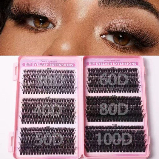 False eyelash extension cluster set in pink tray with mixed length rows