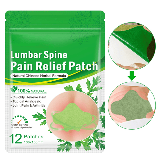 Herbal lumbar pain relief patch, green patch with rounded edge shape.