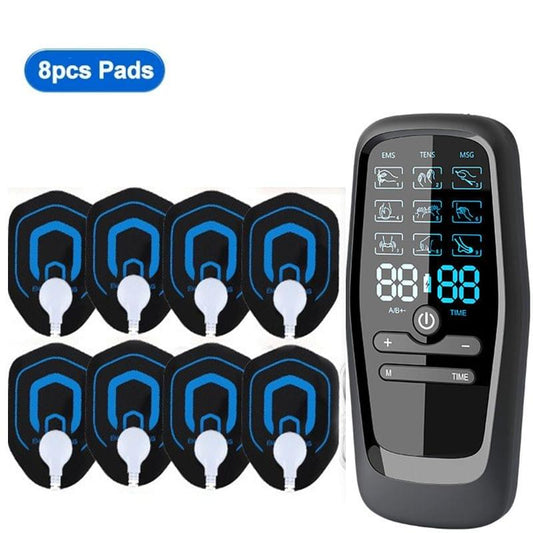 Portable EMS/TENS pulse massager with control panel and eight adhesive pads