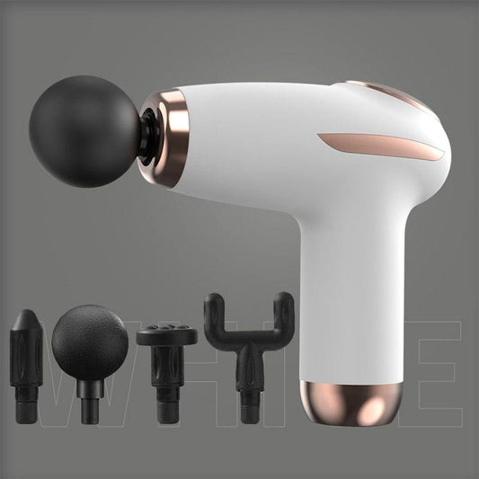 Mini handheld percussion massage gun with black ball head, white body and gold trim