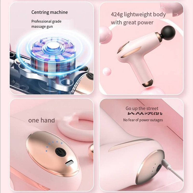 White - Portable Mini Fascia Gun with 4 Massage Heads, Type-C Rechargeable Low-Noise Handheld Percussion Massager for the Gym