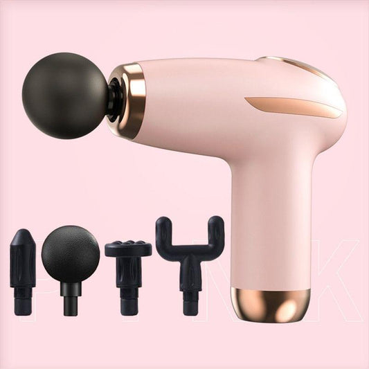 Pink mini fascia gun with black round massage head and gold-toned collar