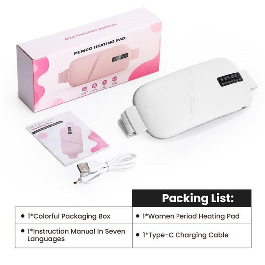 Period heating belt with LED display, wireless waist pad, and includes charging cable