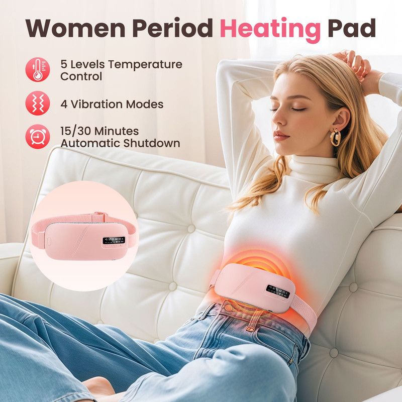 LED Display Period Heating Belt for Women, 5 Heat Settings & 4 Vibration Modes Wireless Menstrual Cramp Relief Waist Heating Pad - White