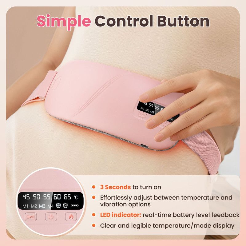 LED Display Period Heating Belt for Women, 5 Heat Settings & 4 Vibration Modes Wireless Menstrual Cramp Relief Waist Heating Pad - White