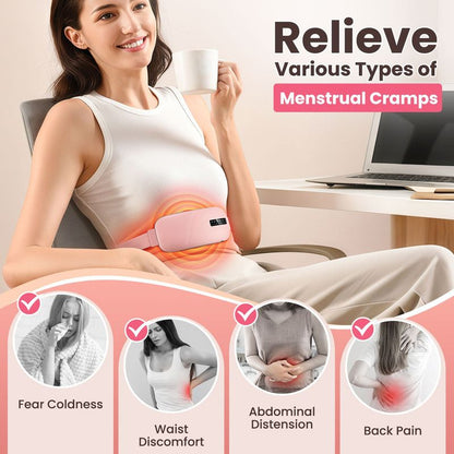LED Display Period Heating Belt for Women, 5 Heat Settings & 4 Vibration Modes Wireless Menstrual Cramp Relief Waist Heating Pad - White