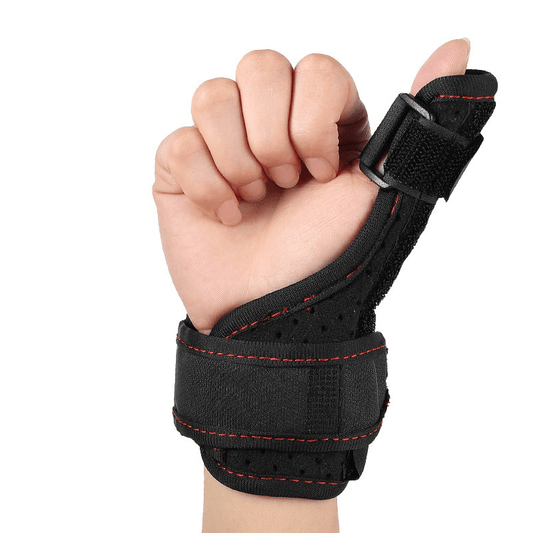 Black thumb and wrist brace with padded stabilizer and adjustable strap