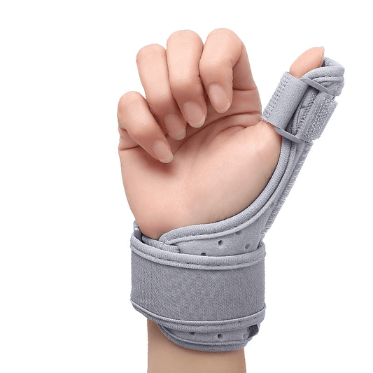 Gray thumb support wrist brace with thumb stabilizer and hook-and-loop closure