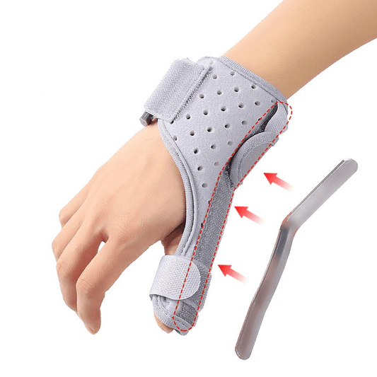 Gray wrist brace with thumb stabilizer panel and adjustable strap for stability