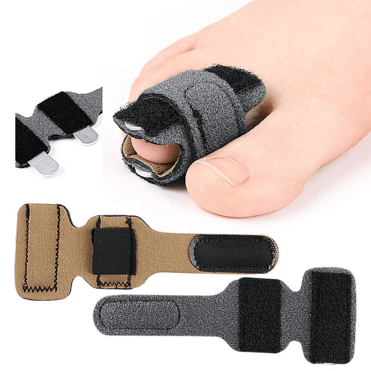 Adjustable toe splint wrap on a toe, with gray fabric and black brace pads.