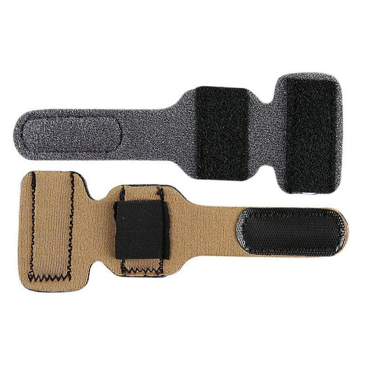 Toe splint wrap brace, gray pad and tan strap with black hook-and-loop sections.
