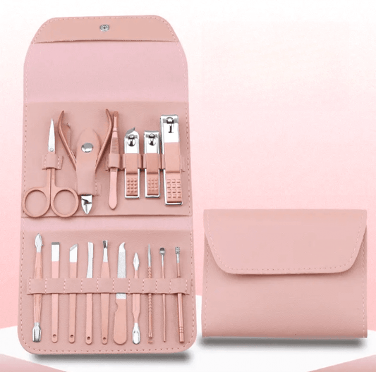 Pink leather-style manicure tool roll with 16 stainless tools and snap closure