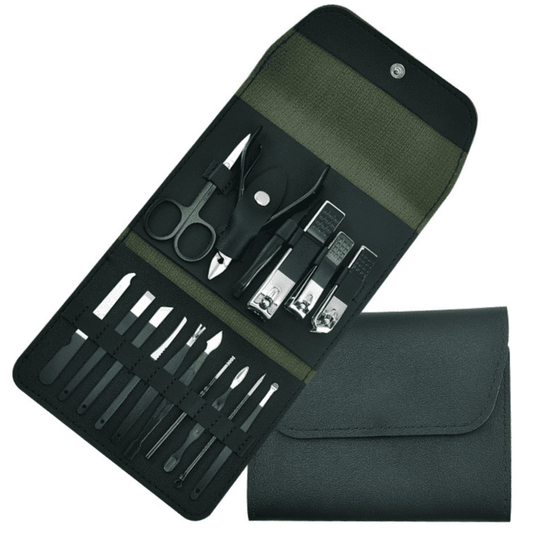 Manicure and pedicure tool set in black roll pouch with scissors, clippers, and files