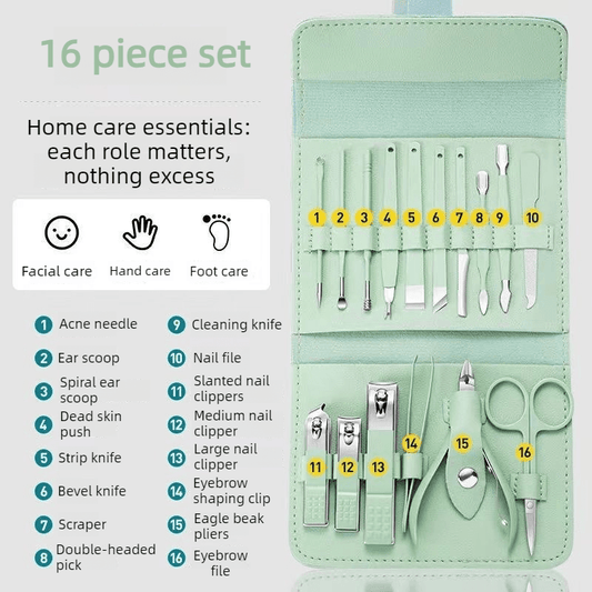 Manicure and pedicure tool set in mint zip pouch with multiple slots and metal tools