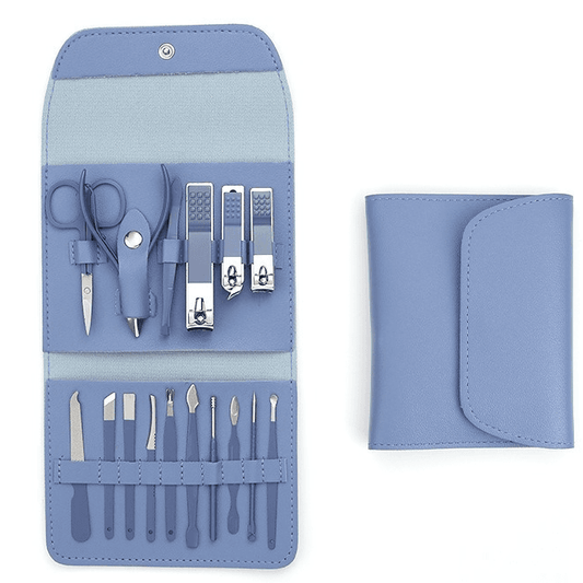 Blue manicure and pedicure tool roll case with slots holding multiple stainless tools
