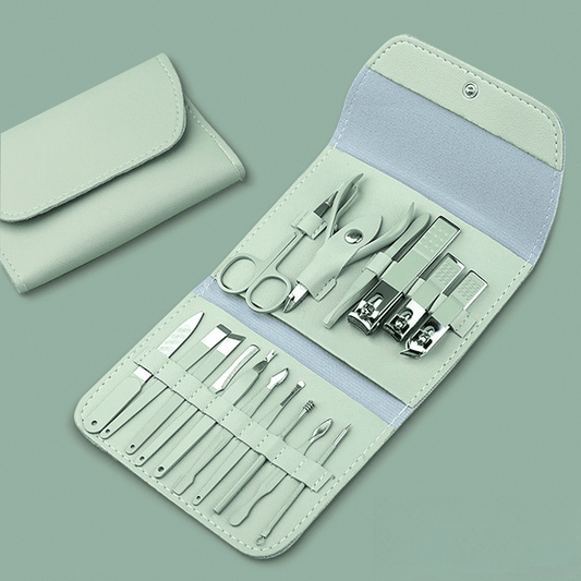 Mint green 16-piece manicure and pedicure tool roll with compartments and cuticle tools